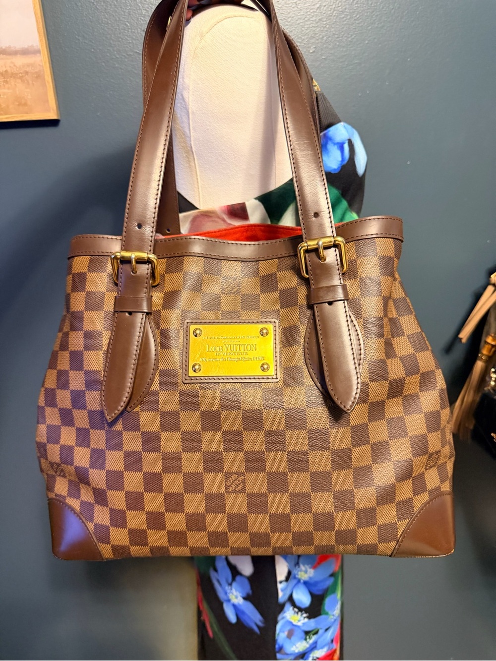 Vintage Louis Vuitton Brown Damier Ebene Hampstead MM Canvas Tote w/Gold Plaque